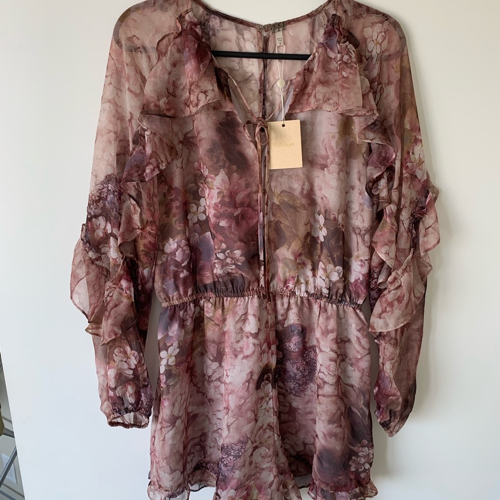 Haute Hippie Pink and Brown Floral Jumpsuit with Flutter Sleeves